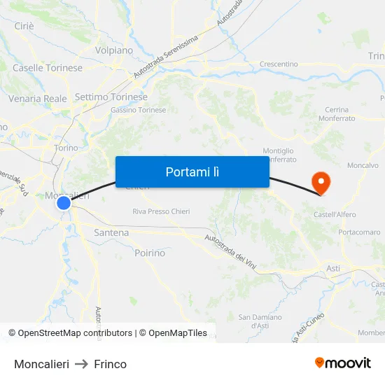 Moncalieri to Frinco map