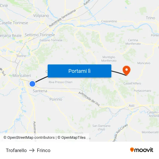 Trofarello to Frinco map