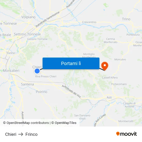 Chieri to Frinco map