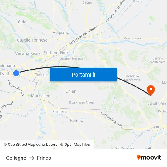 Collegno to Frinco map
