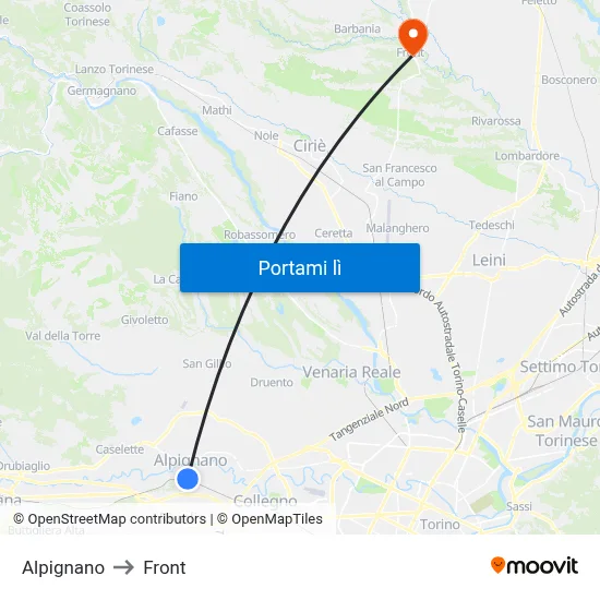 Alpignano to Front map