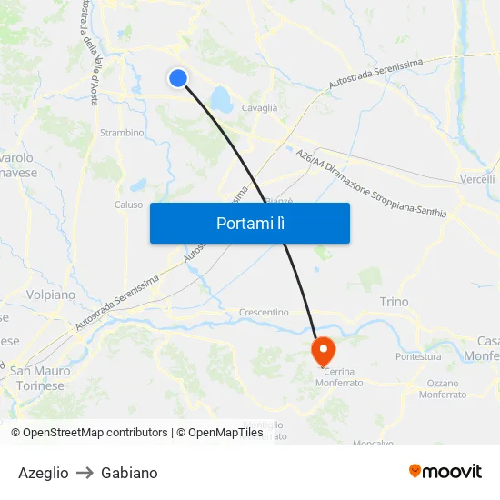 Azeglio to Gabiano map