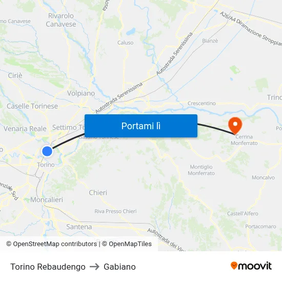 Torino Rebaudengo to Gabiano map