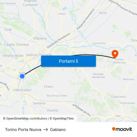 Torino Porta Nuova to Gabiano map