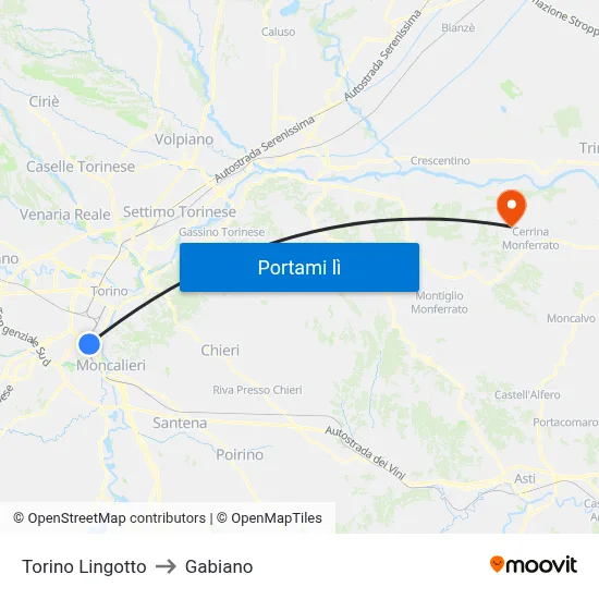 Torino Lingotto to Gabiano map