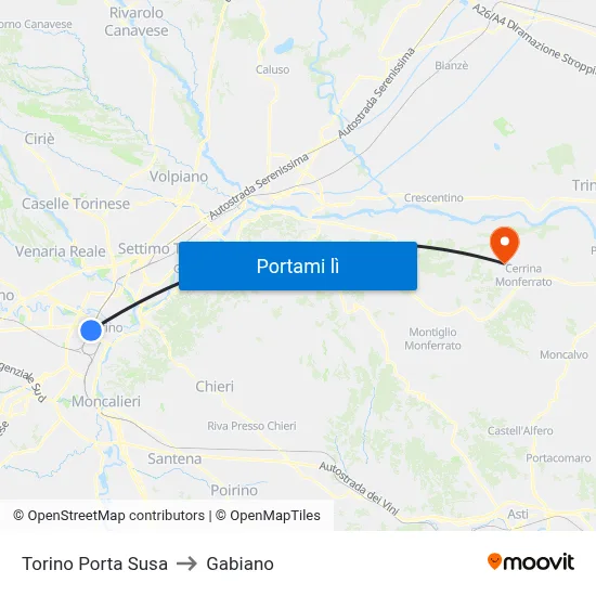 Torino Porta Susa to Gabiano map