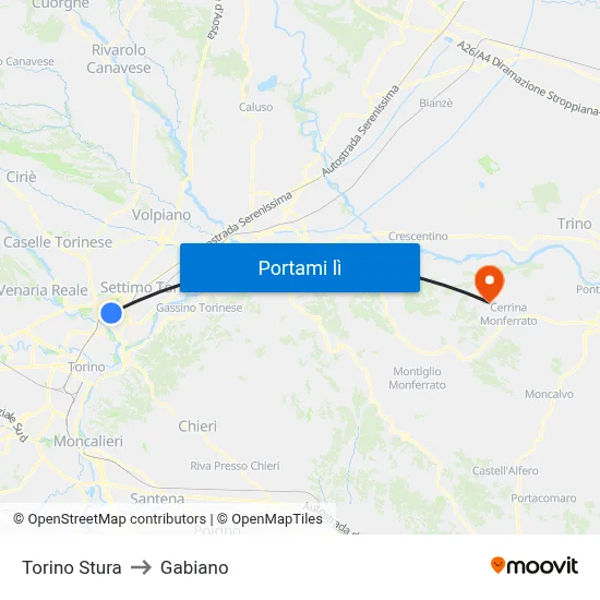 Torino Stura to Gabiano map