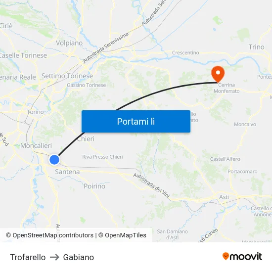 Trofarello to Gabiano map