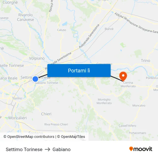 Settimo Torinese to Gabiano map