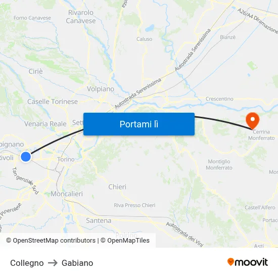 Collegno to Gabiano map
