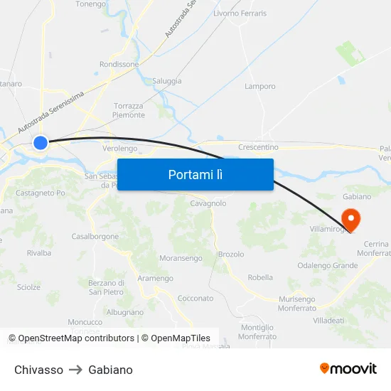 Chivasso to Gabiano map