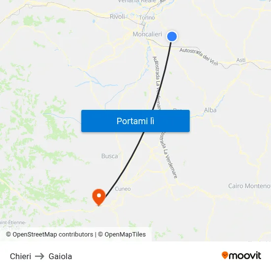 Chieri to Gaiola map