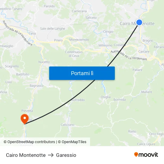 Cairo Montenotte to Garessio map