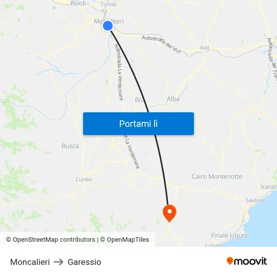 Moncalieri to Garessio map