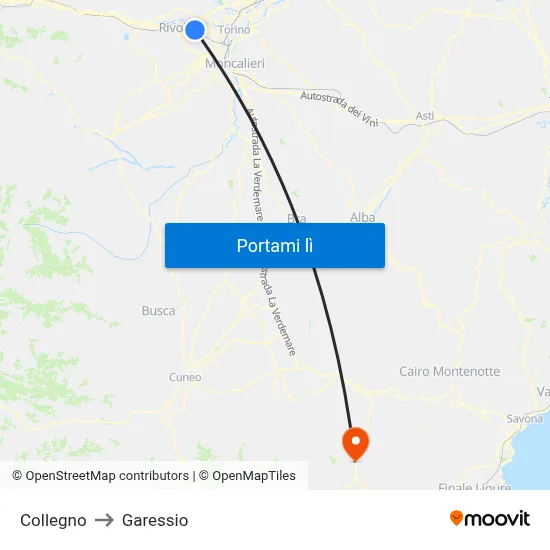 Collegno to Garessio map