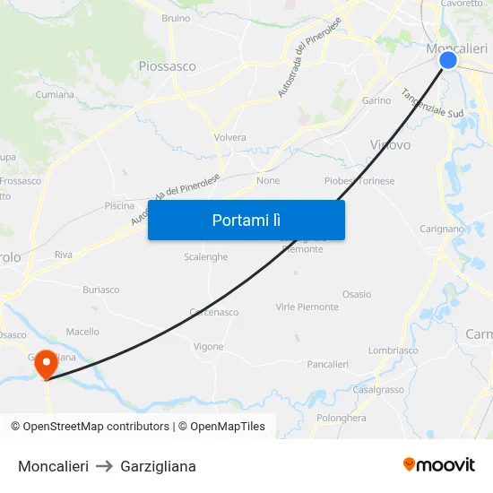 Moncalieri to Garzigliana map
