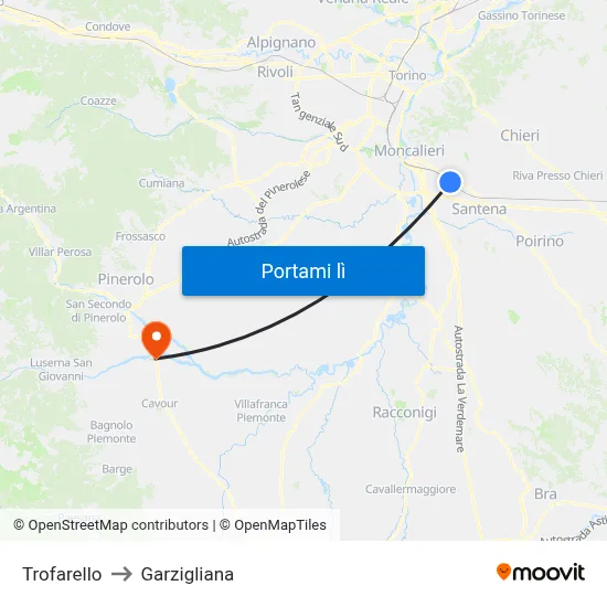 Trofarello to Garzigliana map