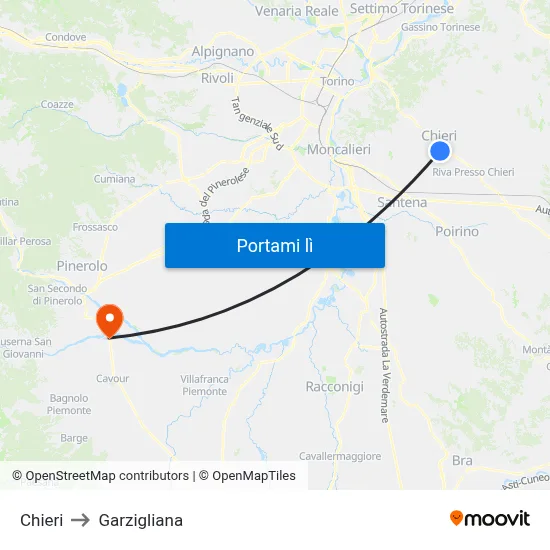 Chieri to Garzigliana map