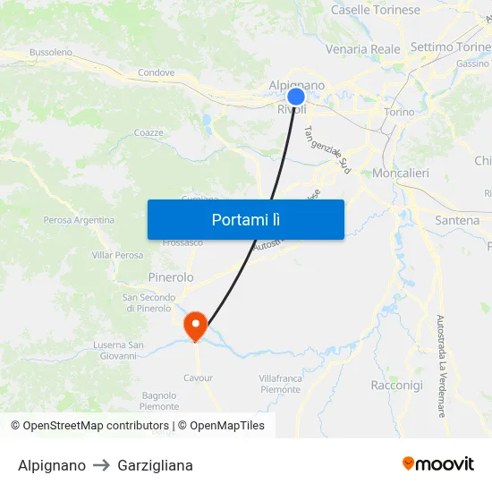 Alpignano to Garzigliana map