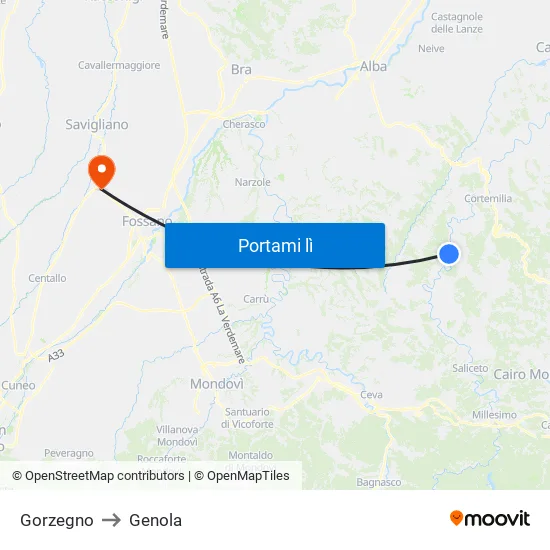 Gorzegno to Genola map
