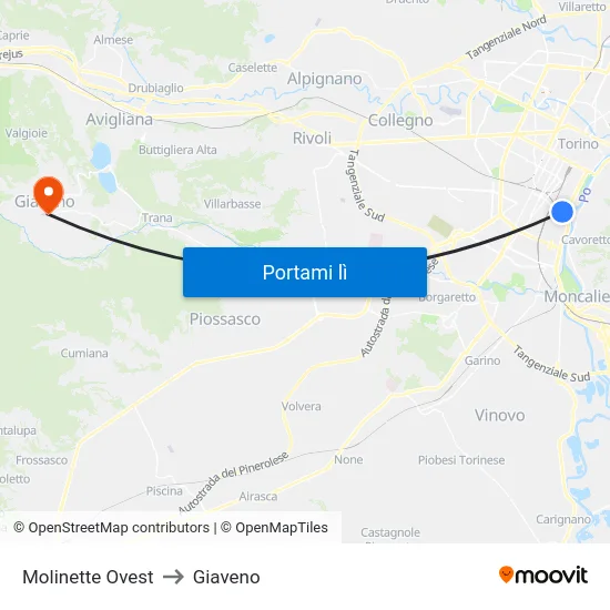Molinette Ovest to Giaveno map