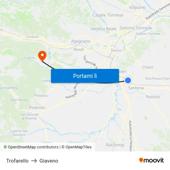 Trofarello to Giaveno map