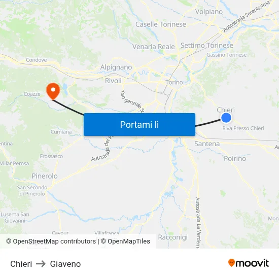 Chieri to Giaveno map