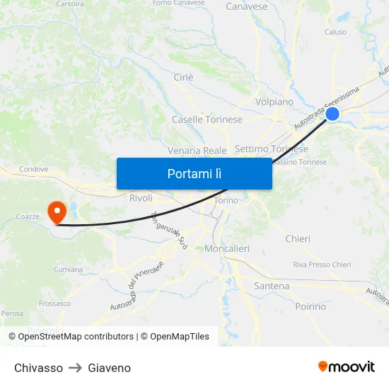 Chivasso to Giaveno map