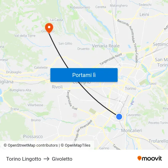 Torino Lingotto to Givoletto map