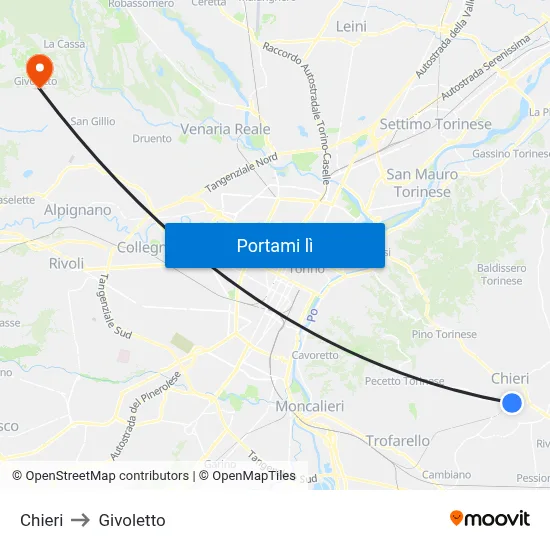 Chieri to Givoletto map