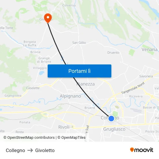 Collegno to Givoletto map