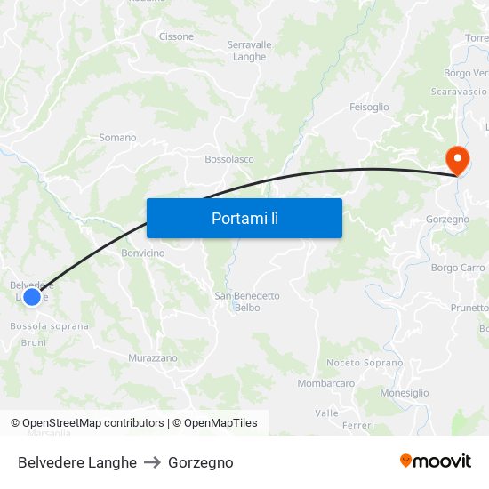 Belvedere Langhe to Gorzegno map