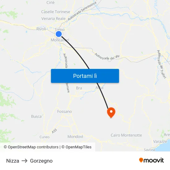 Nizza to Gorzegno map