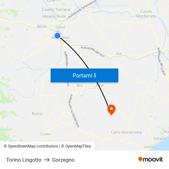 Torino Lingotto to Gorzegno map