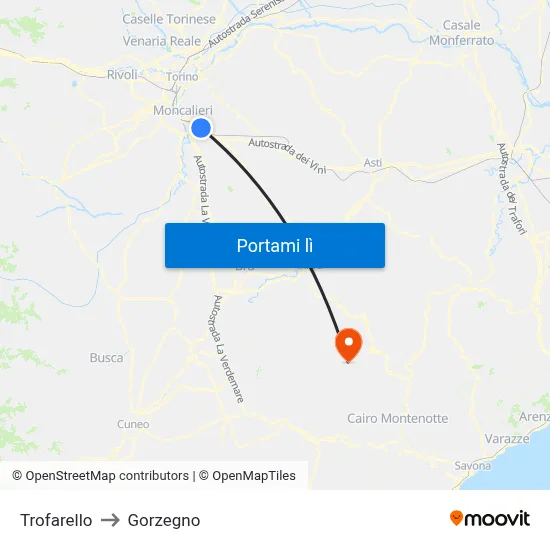 Trofarello to Gorzegno map