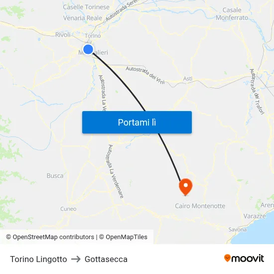 Torino Lingotto to Gottasecca map