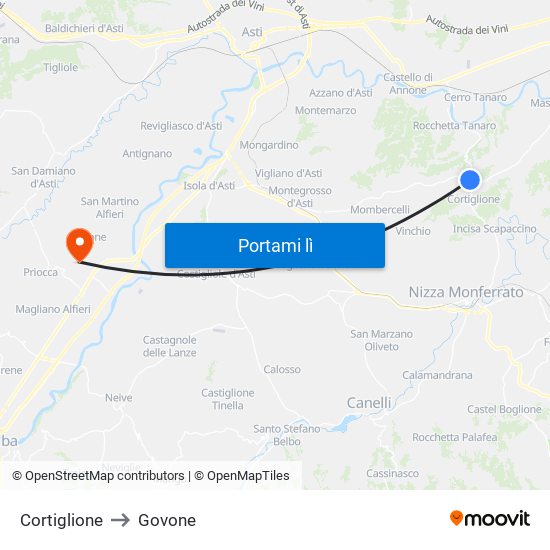 Cortiglione to Govone map