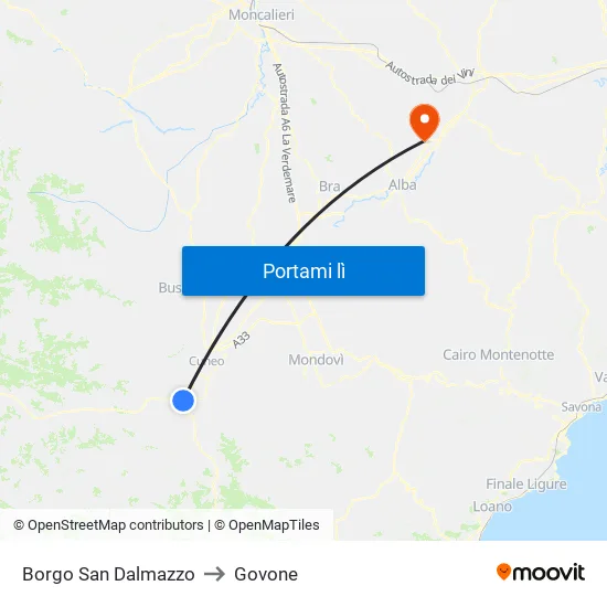 Borgo San Dalmazzo to Govone map