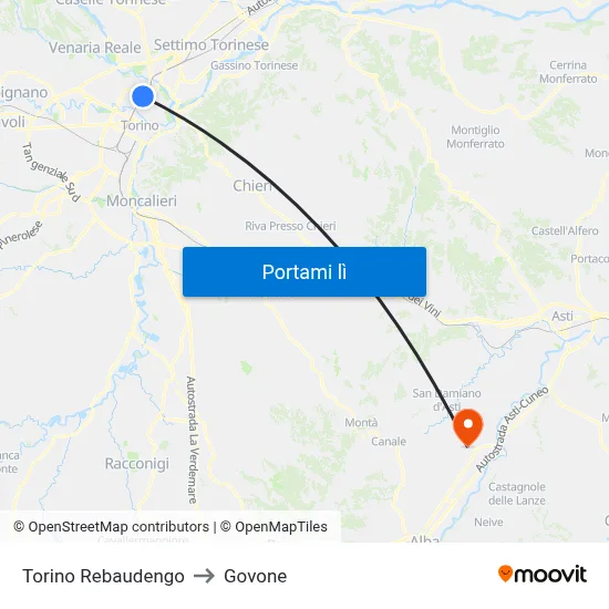 Torino Rebaudengo to Govone map