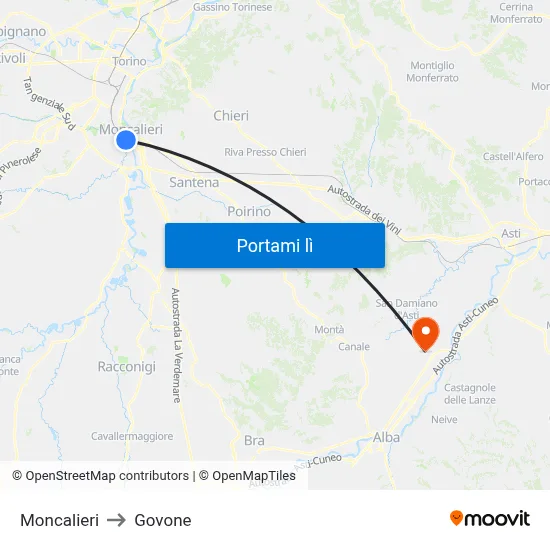 Moncalieri to Govone map