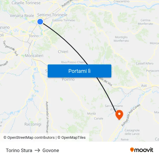 Torino Stura to Govone map