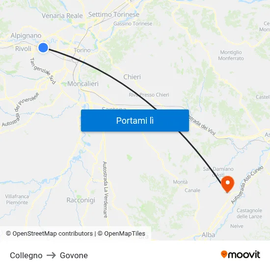 Collegno to Govone map