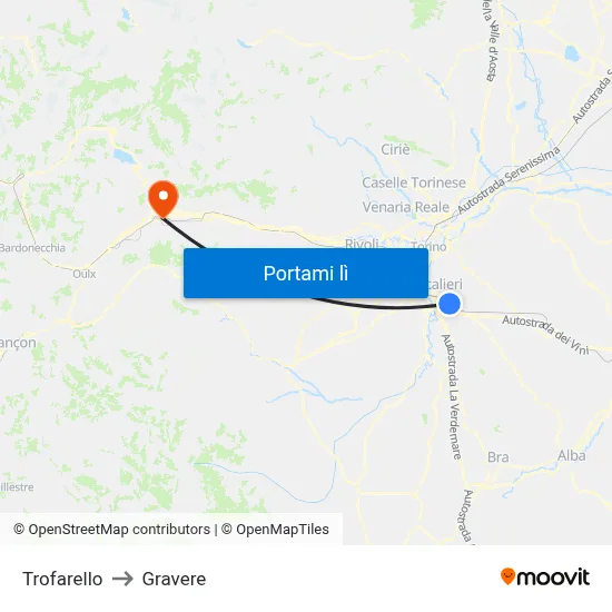 Trofarello to Gravere map