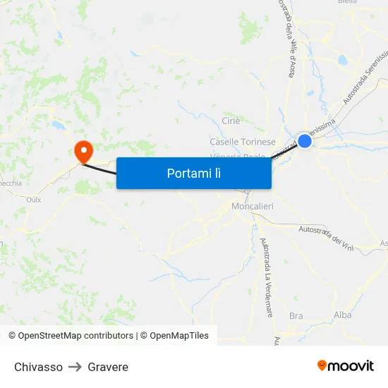 Chivasso to Gravere map