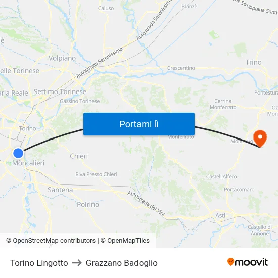 Torino Lingotto to Grazzano Badoglio map