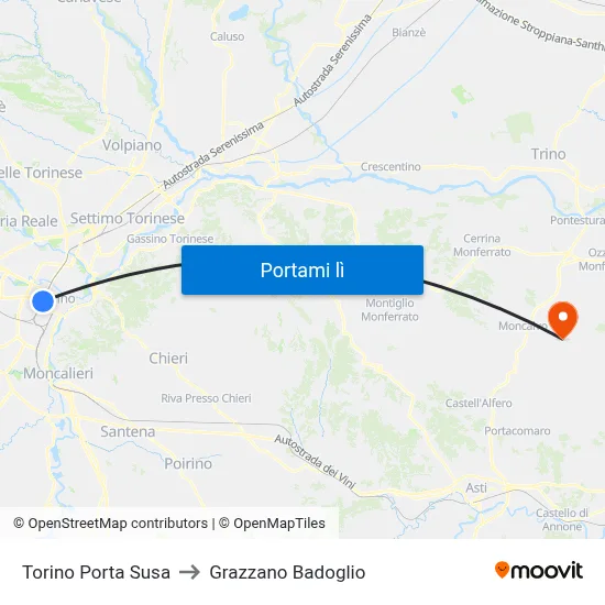 Torino Porta Susa to Grazzano Badoglio map