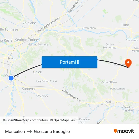 Moncalieri to Grazzano Badoglio map