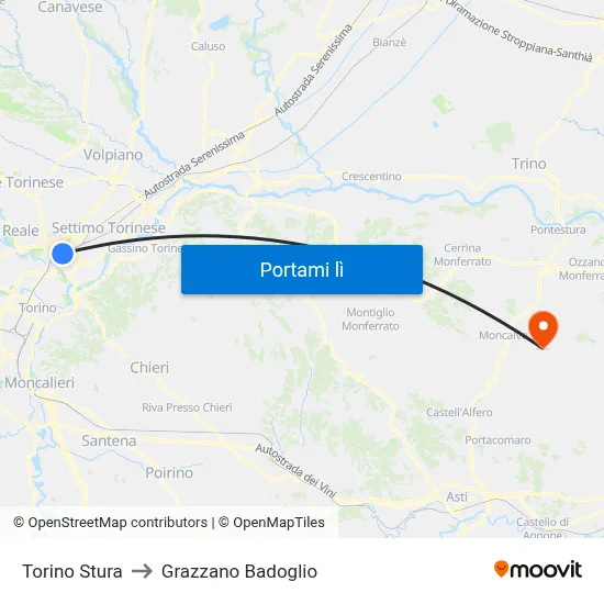 Torino Stura to Grazzano Badoglio map