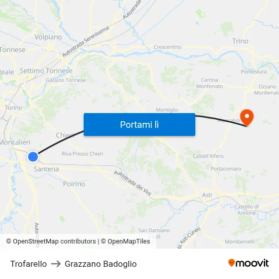 Trofarello to Grazzano Badoglio map