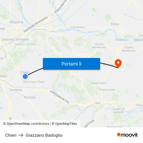 Chieri to Grazzano Badoglio map